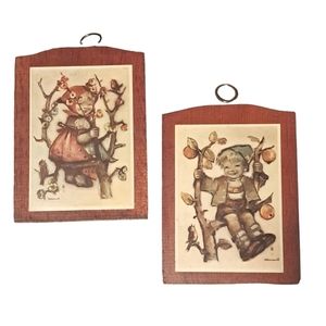 Vintage Hummel Art Prints on Wood Block Frame Metal Hangers 7" x 6.5" Germany